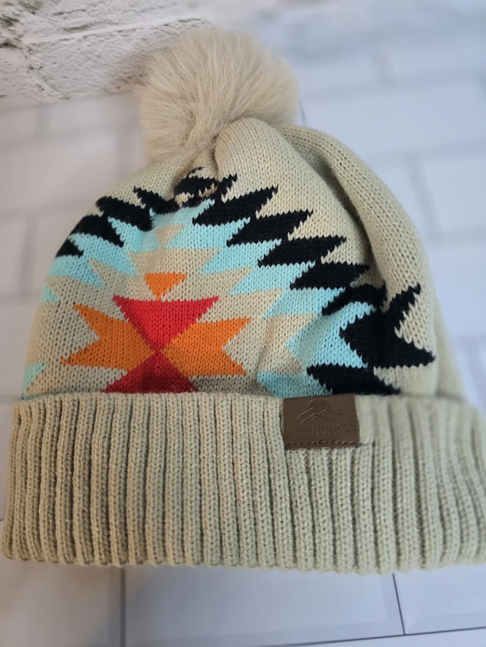 Kids Aztec Knit Hat, Scarf & Mittens Set - Cream with Turquoise & Orange